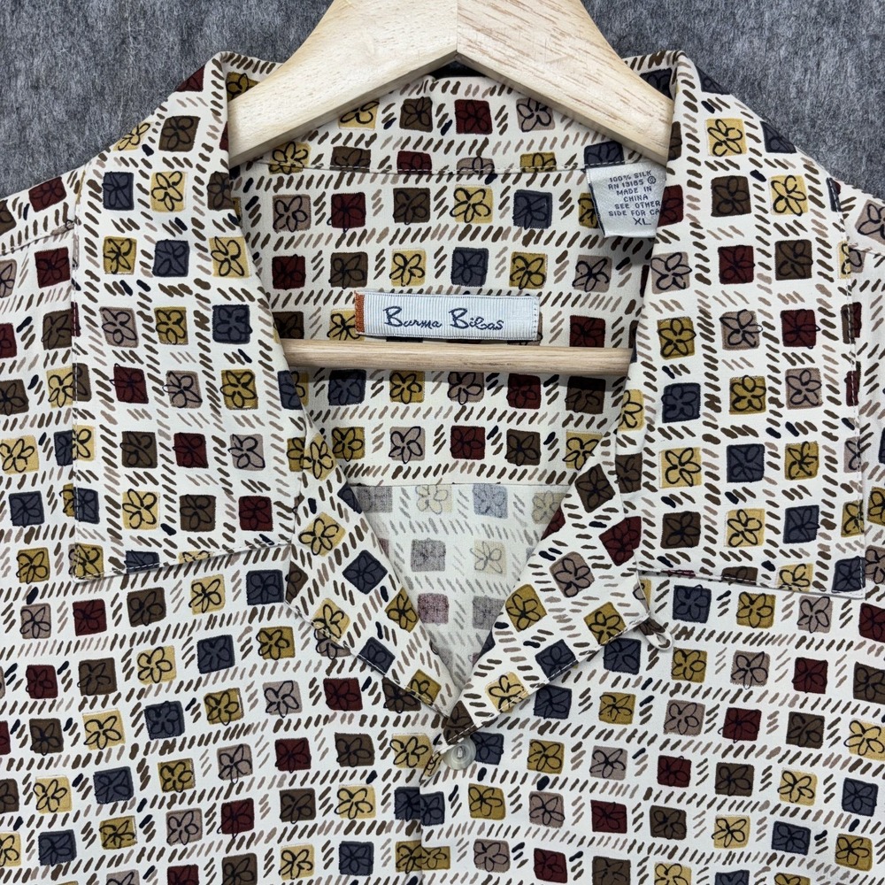 Burma Bibas Camp Collar Loop Shirt Mens XL Silk Short Sleeve Geometric Floral